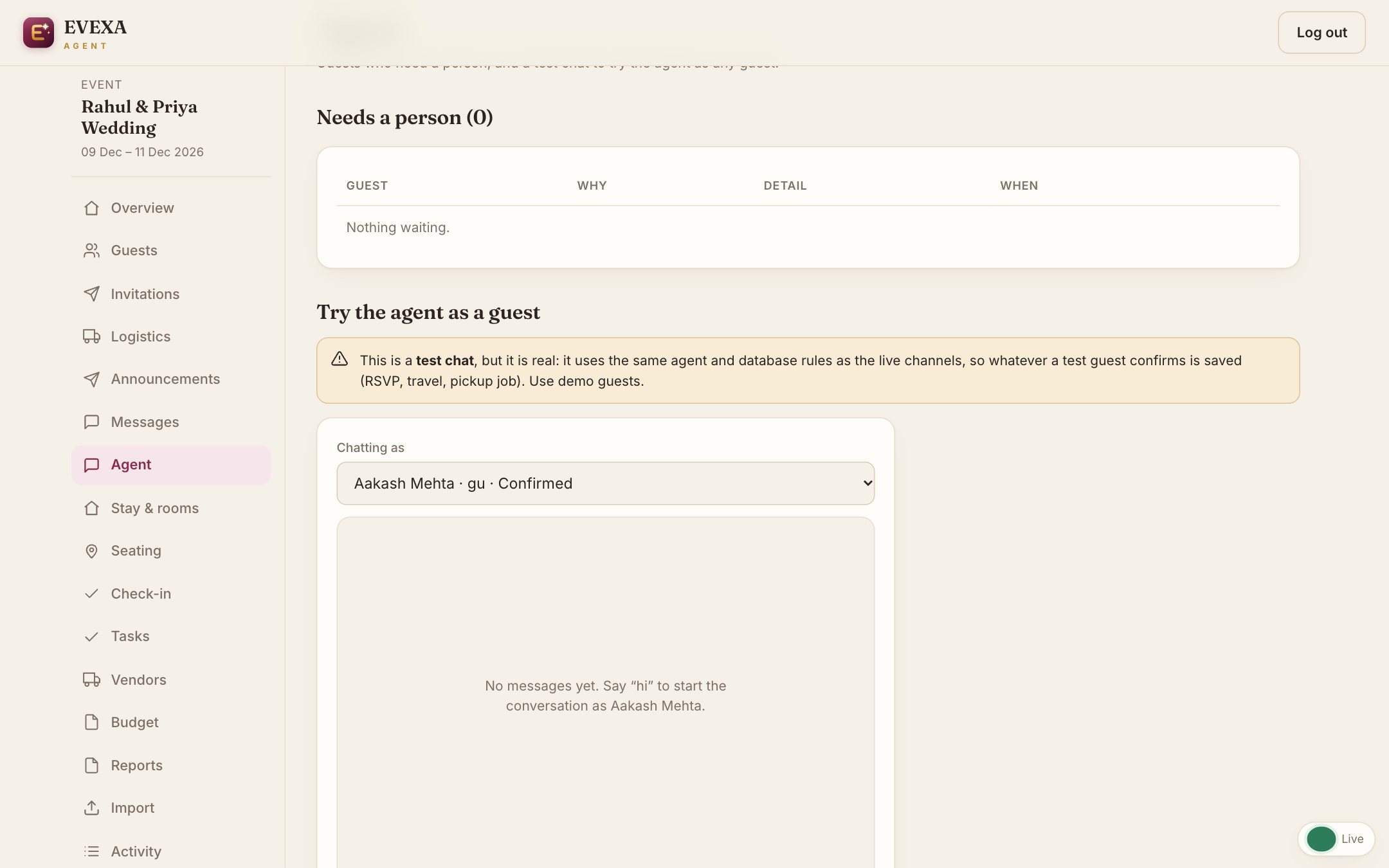 Agent screen of EVEXA Agent