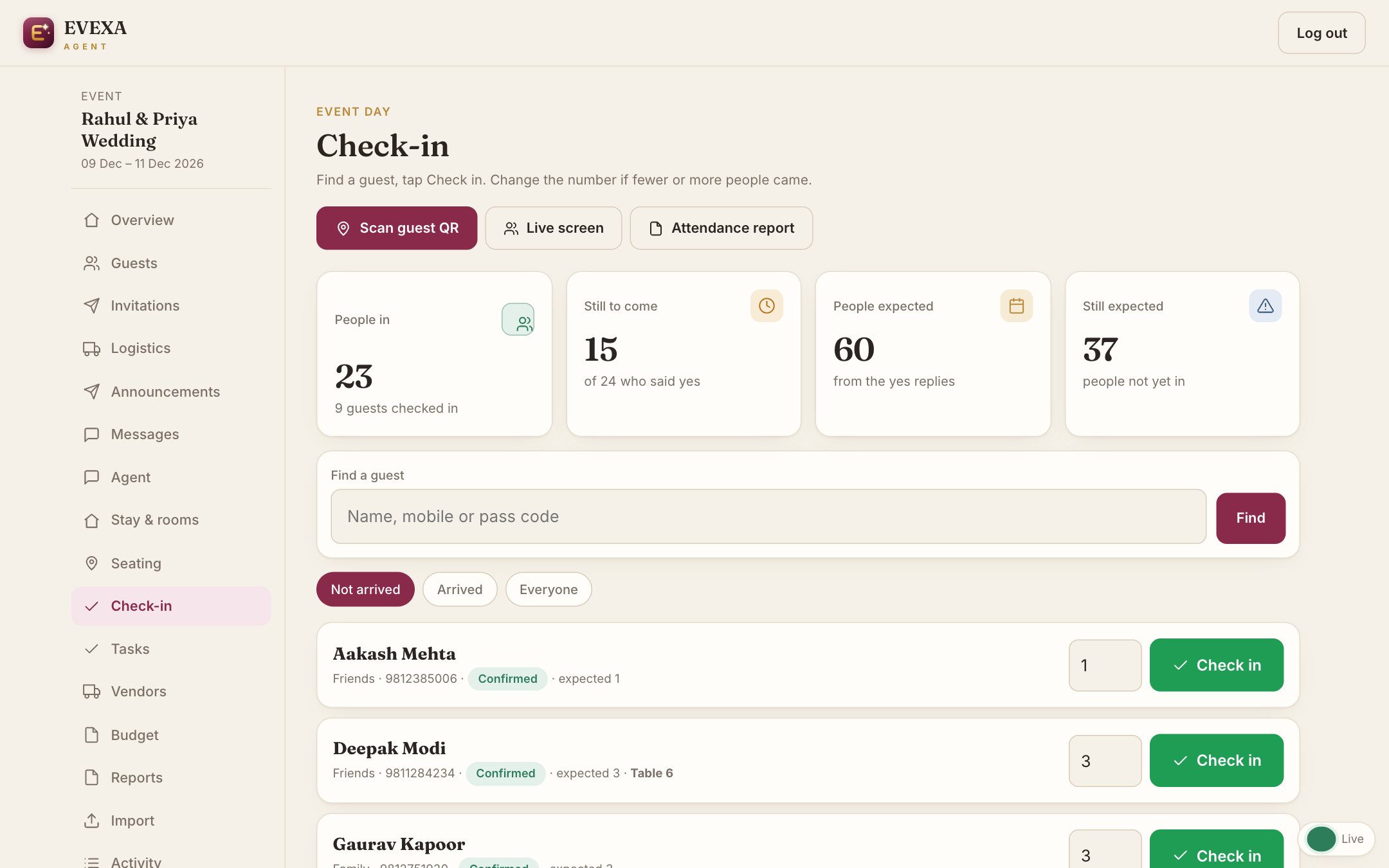 Check-in screen of EVEXA Agent