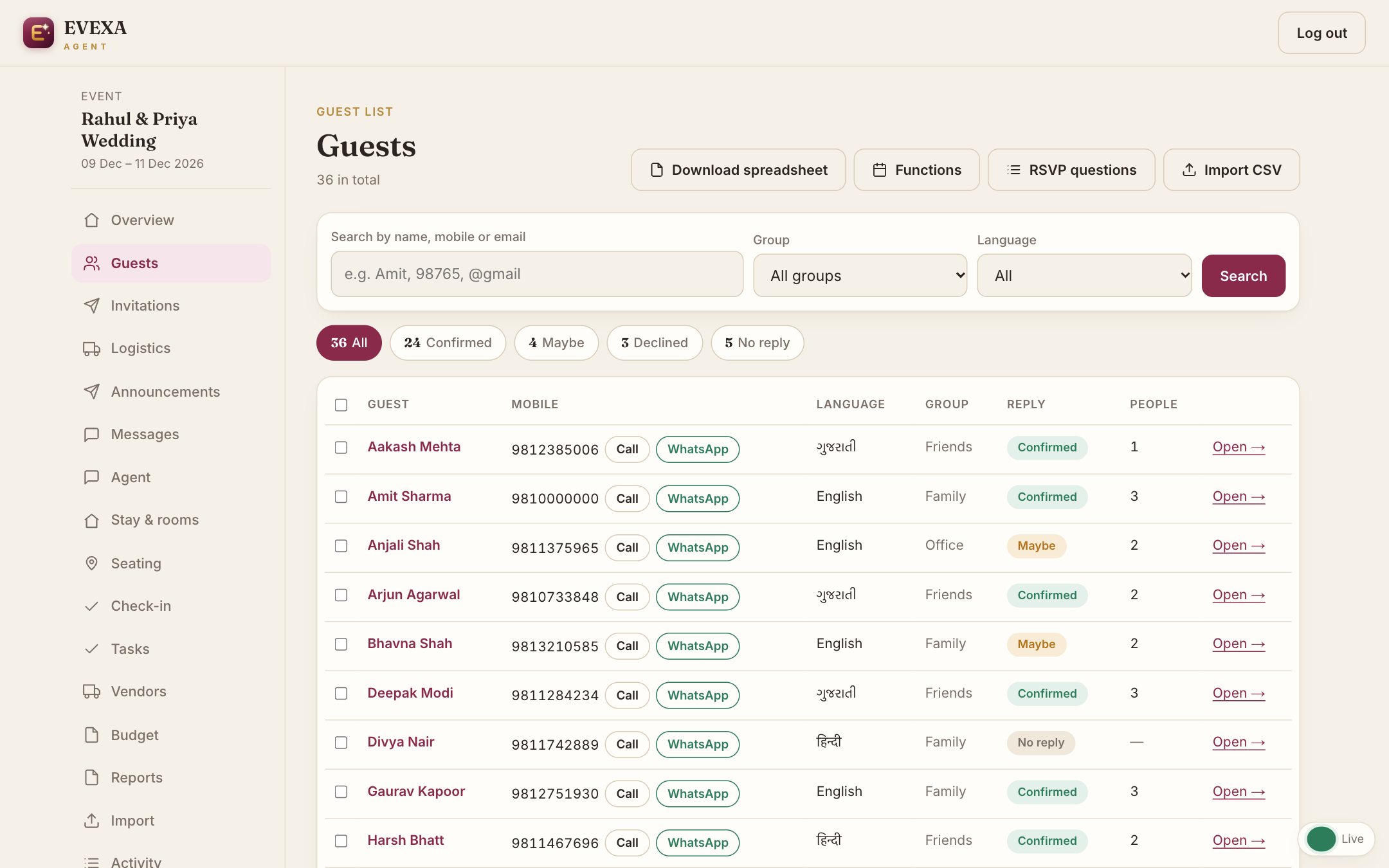 Guests screen of EVEXA Agent