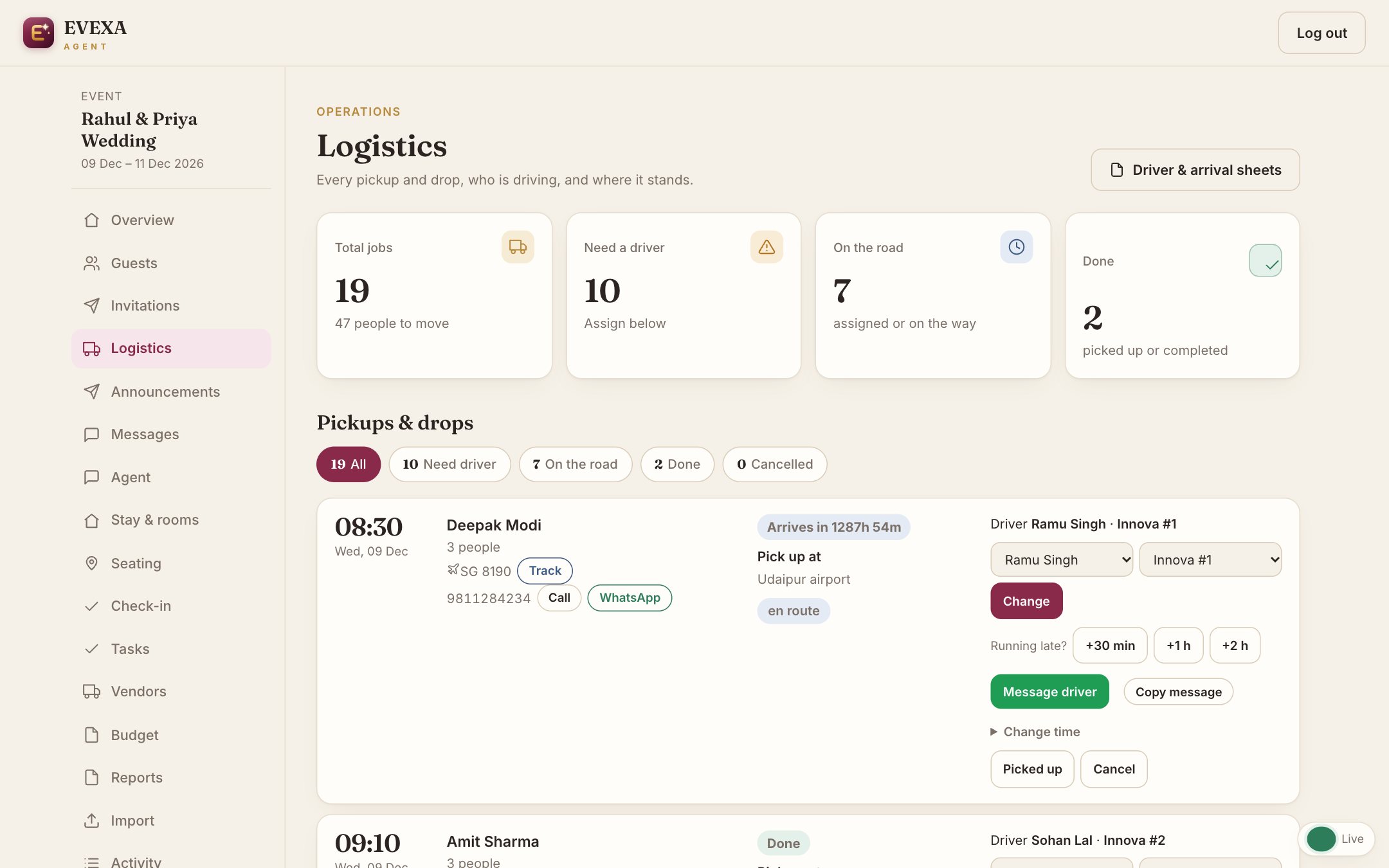 Logistics screen of EVEXA Agent