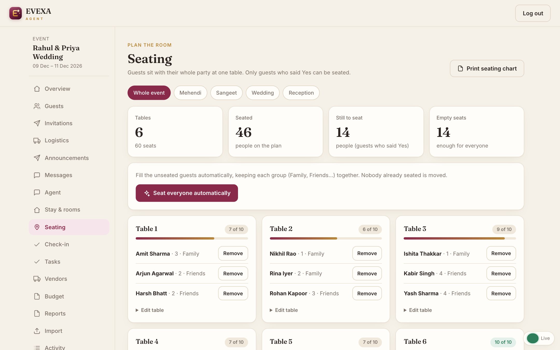 Seating screen of EVEXA Agent