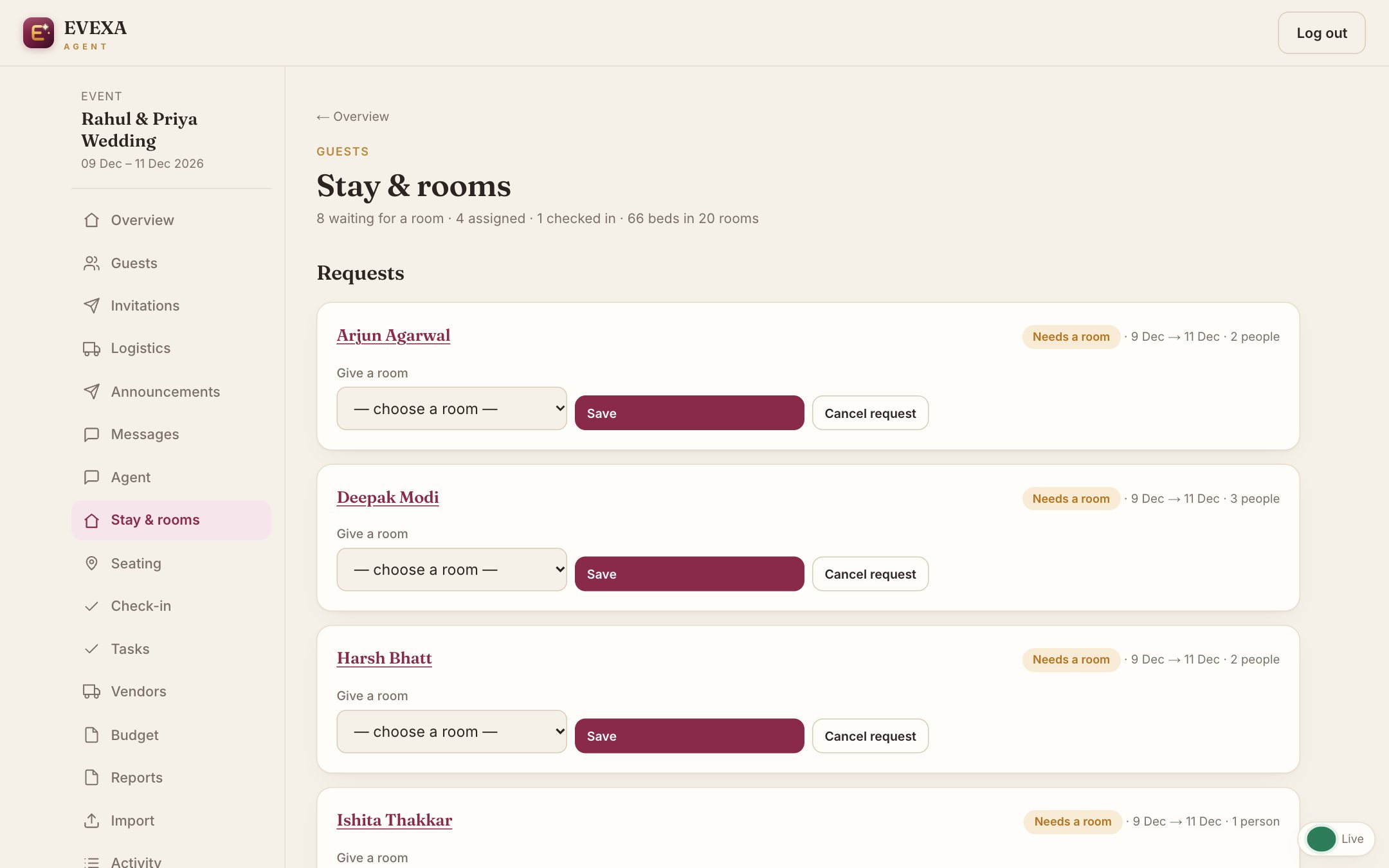 Stay & rooms screen of EVEXA Agent